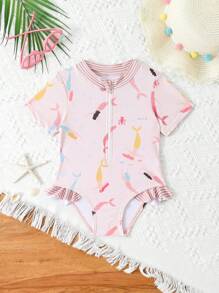 Baby Girls Cute Mermaid Print Short Sleeve One-Piece Swimsuit - Multicolor - View 3