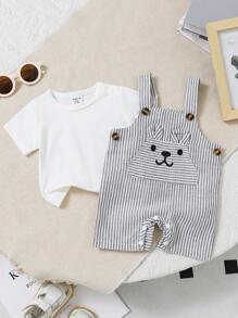 SHEIN Bộ 2 món áo sơ sinh cổ tròn tay ngắn có nút bấm phía trước màu trắng & quần yếm trùm đầu thêu sọc tai, thời trang dễ thương cho gia đình, trang phục hàng ngày, hoạt động ngoài trời - Nhiều màu - Xem 3