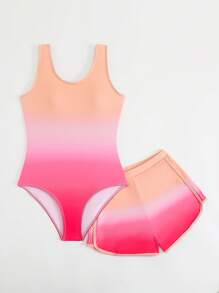 SHEIN 2 件套女童可爱渐变分体泳衣和短裤套装（固定印花） - 彩色 - 查看 5