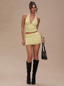 SHEIN BAE Women's Casual Vacation Style Polka Dot Print Backless Cropped Tank Top, Summer - Yellow - View 5