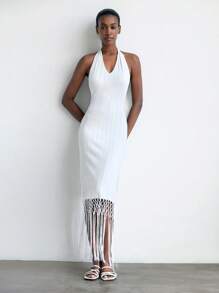 Maija Women's White Ivory V-Neck Fringed Pendant Hem Spring&Summer Bohemian Chic Elegant Vacation Holiday Autumn Fitted Tie-Up Maxi Knitted Dress - White - View 2