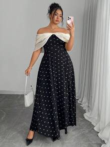 Modelyn Plus Size Black Print Contrast Apricot Butterfly Off Shoulder Cinched Waist A-Line Dress - Black - View 5