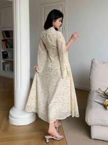 Modelyn 女式夏季全印花网眼腰部收腰优雅中长连衣裙