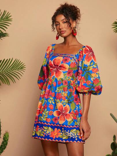 Travachic Dark Blue Flower Positioning Print Woven Print Square Neck Short Sleeve Women's Mini Dress,Summer Outfits For Women,Beachwear,Spring And Summer,Easter,Beach Outfits For Woman,Spring Break,Vacation Outfits Women,Concert Outfit Women,BOHO,Bohemia,Music Festival,Tropical Vacation Woman Clothes,4th Of July Outfits,Holiday Outfits,Bohemian Clothes Vacation Dress