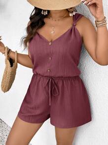 SHEIN Frenchy Plus Size Women's Casual Solid Color Tie Waist Romper, Summer - Dusty Purple - View 6
