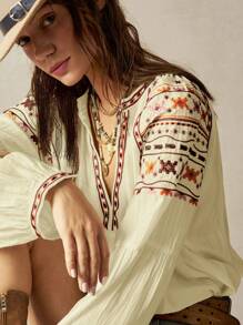 Bohemela Vacation Casual Retro Style Embroidered V-Neck Loose Women Blouse - Mustard Yellow - View 3