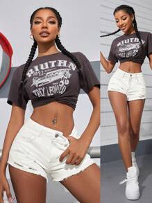 SHEIN PETITE 女士休闲毛边破洞牛仔短裤，夏季