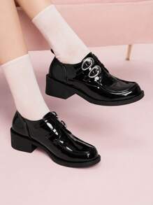 CUCCOO DOLLMOD Women's Outdoor Round Toe High Heel Black PU Glossy Material Fashion Comfortable Daily & Party Buckle Strap Stiletto Pumps With Silver Studded Decor - Black - View 4