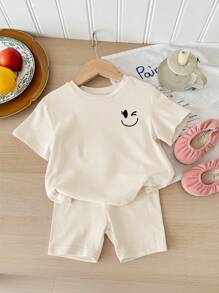 SHEIN 2pcs Young Girl Casual Minimalist Short Sleeve Shorts Set, Suitable For Summer