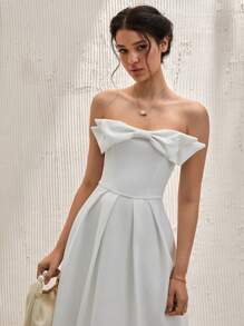 SHEIN Cottnline HEARTH COLLAR BOW CHEST VOLUMED SKIRT OFF-SHOULDER DRESS - White - View 3