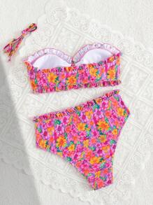 Swim Mod Women Random Floral Print Cute Ruffled High Waist Bikini Set, Summer - Multicolor - View 4