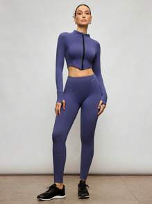 Activina Bộ đồ thể thao áo khoác lửng màu xanh và quần legging cho nữ mặc hàng ngày và chơi thể thao thường ngày - Màu xanh lam - Xem 3