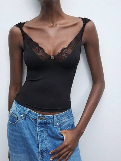 Maija 2025 New Arrival Black Color Lace Splicing Slim Fit Ruffled Cold-Shoulder Casual Top, Suitable For Wedding Guest, Brunch, Airport, Vacation, Festival, Graduation, Daily Wear,Autumn Outfits For Women, Christmas Women's Clothing  St Patrick's Day Women Easter Summer Outfits Easter Dress Women Party Top Beach Dress Summer Holiday Outfits Each Vacation Outfits For Women