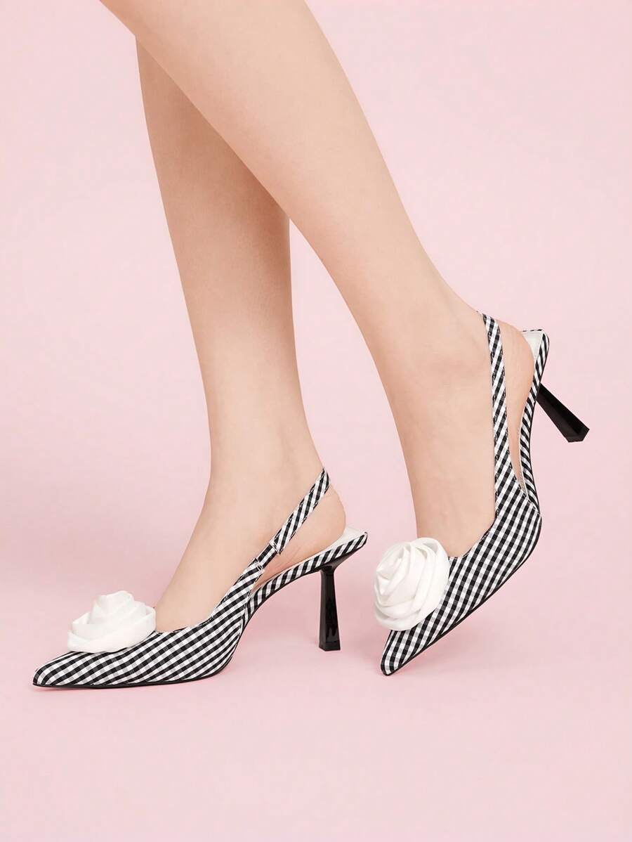 CUCCOO DOLLMOD Fashion Elegant Plaid Fabric High Heel Shoes For Women, Suitable For Vacation - Black and White - View 1