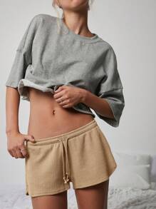 WESTFADE Cute Mid Rise Tie Front Textured Knit Lounge Shorts - Khaki - View 6