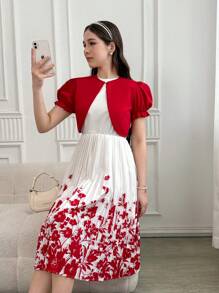 SHEIN 2 件套花卉印花百褶连衣裙和开衫套装，适合少女，全新优雅夏季服装 - 彩色 - 查看 6