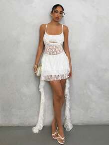 Glamine Women's Contrast Lace Ruffle Hem Slip Mini Dress - White - View 1