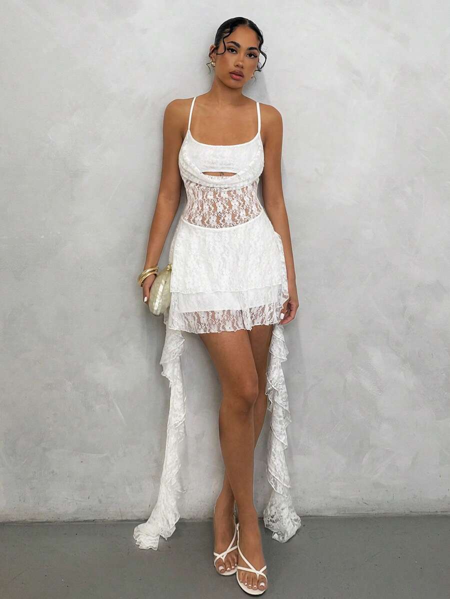 Glamine Women's Contrast Lace Ruffle Hem Slip Mini Dress - White - View 1