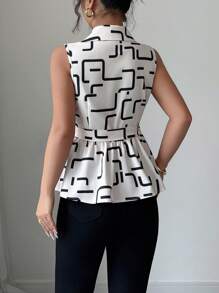 Elenzga Fashionable New Geometric Pattern Sleeveless Waist Ruffle Hem Summer Elegant Resort Women Shirt - Multicolor - View 2