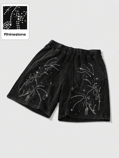 ROMWE Avant Pantalones cortos de verano para hombres con un nuevo diseño de estilo callejero estadounidense, con decoración de coloridos y brillantes diamantes de imitación. Presenta un patrón disperso de pequeñas gemas brillantes, diamantes y lentejuelas en verde, azul, rojo y amarillo, dando al tejido liso un aspecto brillante y visualmente atractivo, con un estilo general fresco y sencillo que resalta los detalles de los pantalones cortos