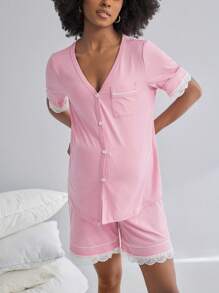 BloomMama 2 Packs Maternity Short Sleeve Nursing Pajama Set With Lace&Button,Lounge Set Fashion Sleepwear - Pink - View 4