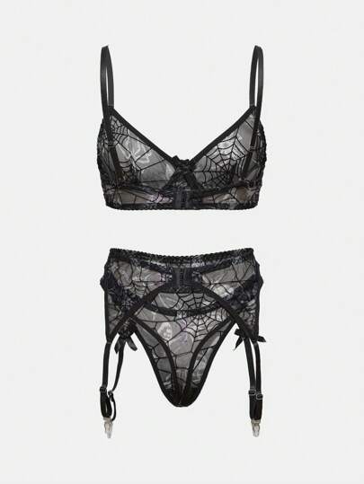 Goth Gothic Spider Web Pattern Underwire Bra, Thong & Garter Belt Sexy Lingerie Set