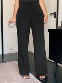 Dazy Plus Plus Size Solid Color Loose Straight Leg Casual Black Pants, All Season Long Style Business Casual Woman Pants,Women Dress Pants