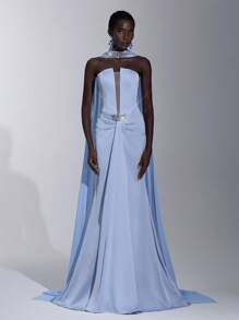 Elitara Elegant Light Blue Handmade Diamond Avant-Garde Special-Shaped Strapless Fold Pleated Decoration Super Long Floating Piece Fishtail Tail Suitable For Dating Party Cocktail Party Wedding Graduation Ceremony Formal Occasion Dinner Dress, Gown, For Evening, Wedding Guest - Baby Blue - View 1