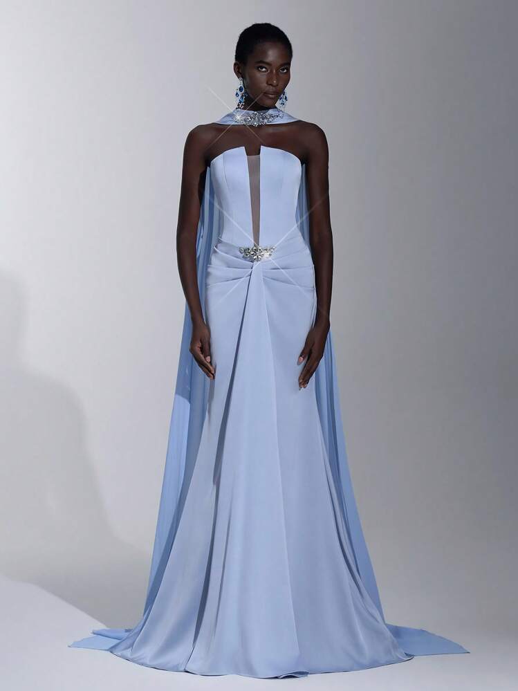 Elitara Elegant Light Blue Handmade Diamond Strapless Pleated Fishtail Evening Gown,Avant-Garde Formal Dinner Dress For Wedding Guest,Cocktail&Party Wear