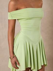 Glamine 1pc Women's Elegant Solid Color Off Shoulder Mini Dress, Summer - Green - View 5