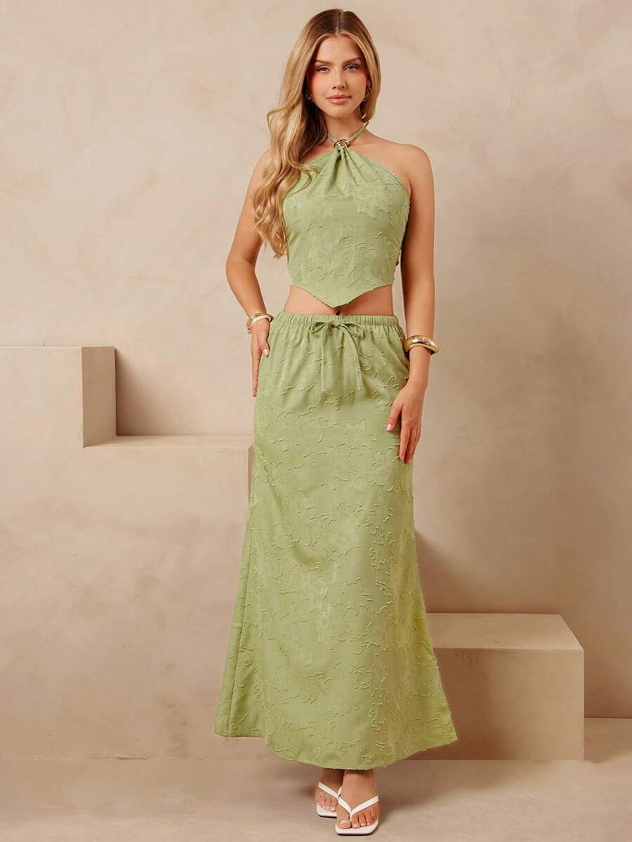 L'Amorae Jupe Plissée A-Line Longue avec Cordon de Serrage à la Taille pour Femmes, Légère pour l'Été - Vert - Voir 1