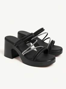 CUCCOO CHICEST Women Rhinestone Embellished Multi-Strap Square Toe Platform High Heel Sandals, Elegant Fashion Forward Black Ladies High Heels For Summer, Party, Beach, Music Festival, Club