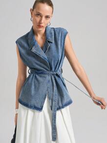 Ontre Women's Blue Denim Vest Removable Belt Lapel Design 25SS Old Money Style, Business Casual Woman, Vintage