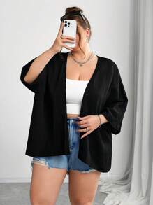 SHEIN CURVE+ 秋冬季大码女式纯色七分袖宽松休闲开襟夹克/图案T恤