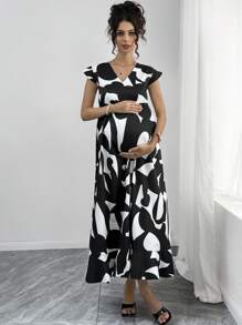 Momance Đầm suông rộng rãi in họa tiết cổ chữ V tay lửng cho bà bầu cỡ lớn, thoải mái - màu đen - Xem 5