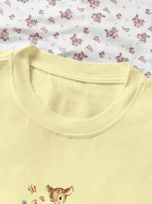 SHEIN EZwear 女士休闲鹿、花和蝴蝶印花圆领短袖 T 恤，夏季 - 黃色 - 查看 3