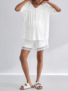 BloomMama Maternity Short Sleeve Nursing Pajama Set 2 Packs Summer Clothes With Lace&Button,Lounge Set Fashion Sleepwear - White - View 4