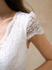 Amorya Solid Lace Bodysuit - White - View 8