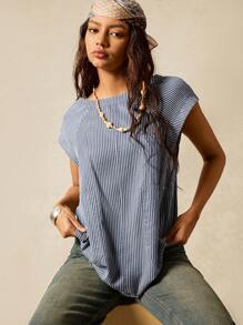 Easelle 女式休闲蓝白条纹露背宽松T恤，春夏 - 藍白色 - 查看 3