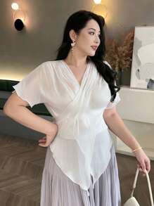 Dazy Plus Plus Size Solid Color Batwing Sleeve V-Neck Asymmetrical Hem Tie Front Shirt - Apricot - View 6