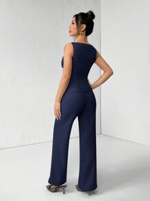 SHEIN PETITE Women's Solid Color Round Neck Single-Breasted Vest And Pants Elegant Commuter Suit, Summer Fall Women Clothes Women Set Office Wear Business Casual Women Two Pieces Outfits Fall Women Office Wear Women Set Women Blazers Set Office Outfits For Women Business Women Attire Professional Women Clothes