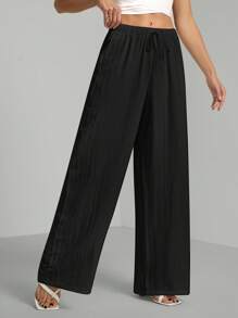 SHEIN Tall Loose Cotton Drawstring Waist Trousers In Textured Crinkle Fabric,Cargo Pants - Black - View 5