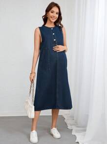 SHEIN 孕妇拼布无袖牛仔连衣裙，带侧袋，休闲夏日 - 深色水洗藍 - 查看 4