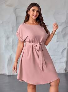 SHEIN Clasi Vestido rosa de talla grande para mujer, de viscosa, de cuello redondo, de manga corta, con cintura con lazada y estilo informal para primavera/verano - Rosa vieja - Ver 3