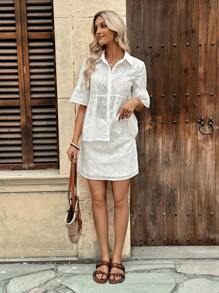 Breezaya 2pcs French Style Lace Embroidery Hollow Blouse And Mini Skirt Set - White - View 6