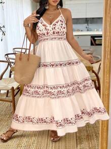 SHEIN Clasi Plus Size Elegant Floral Print Summer Vacation Halter Dress - Multicolor - View 1