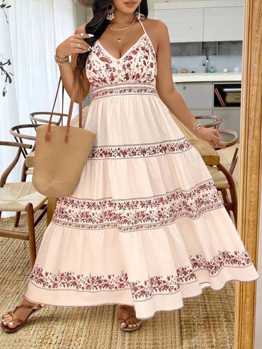 SHEIN Clasi Plus Size Elegant Floral Print Summer Vacation Halter Dress - Multicolor - View 1