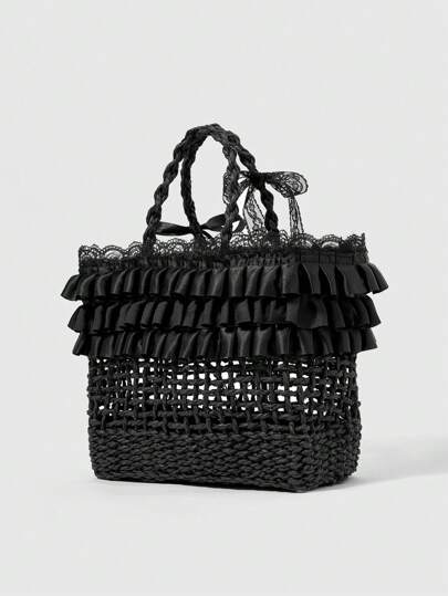 Goth Bolso de mano elegante y de moda con diseño hueco y ribete de volantes