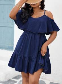 Váy denim thường ngày viền bèo nhún màu trơn cỡ lớn - Rửa tối - Xem 3