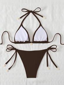 Swim Mod Women Vacation & Beach Solid Color Swimsuit Set For Summer - Coffee Brown - View 2